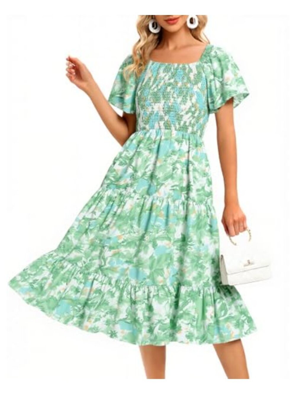 Smocked Boho Midi Dress Square Neck Short Sleeve A-Line Summer Beach Party